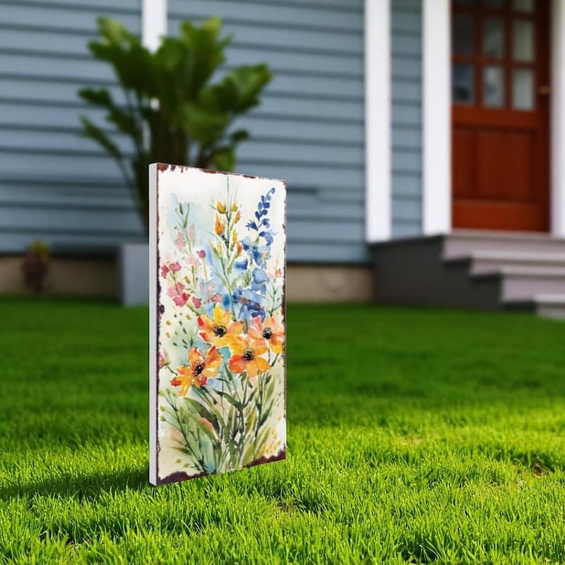 HomeRoots 30" Blue Pink White And Yellow Solid Wood Watercolor Floral Garden Stake - White/Blue/Pink - Wood