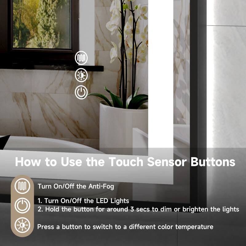 Silver-Black Glass LED Bathroom Mirror with Dual Lights and Anti-Fog - 36 W x 24" H