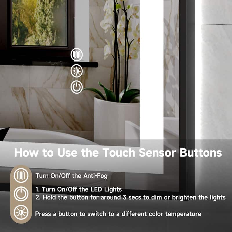 Black LED Bathroom Mirror with Tempered Glass, Anti-Fog, Dimmable - 36" W x 28" H
