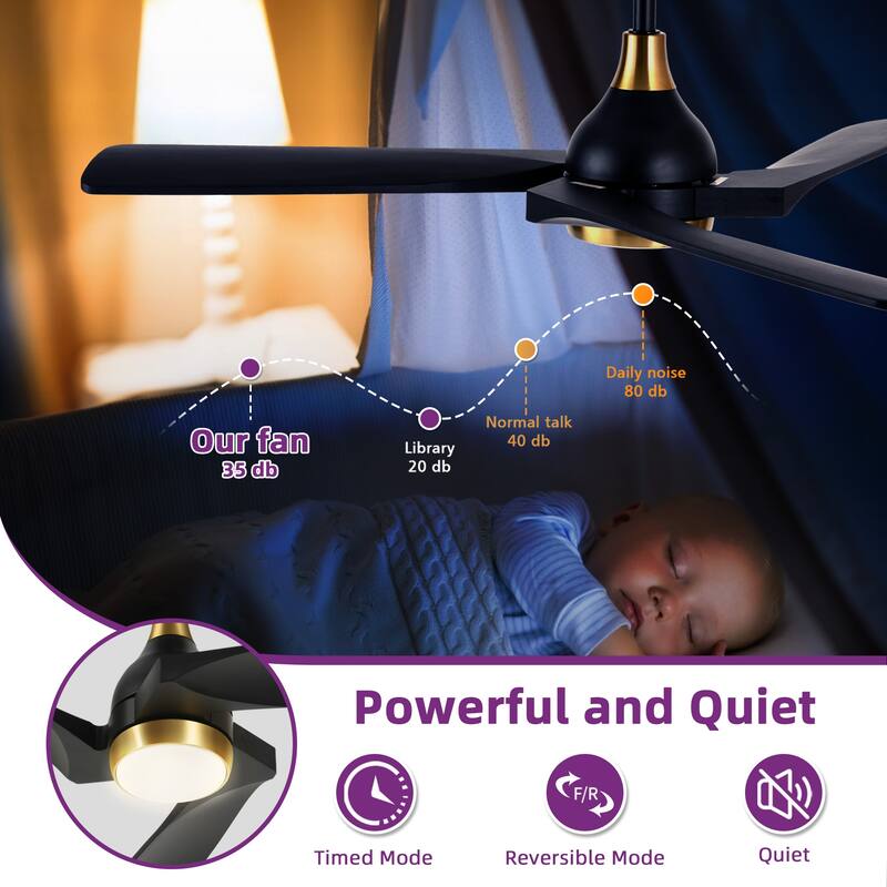 52 Inch Ceiling Fan with Lights Remote Control With 3 Solid Wood Blades
