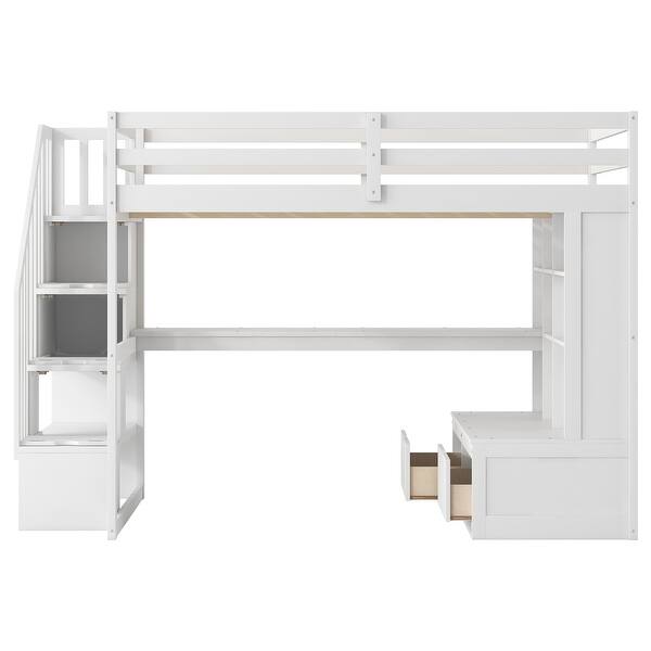 White All-in-One Full Size Loft Bed w/ Desk, Storage Staircase, 2 Drawers