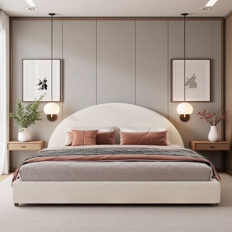 King Bouclé Platform Bed with Curved Headboard, Slat Support Design