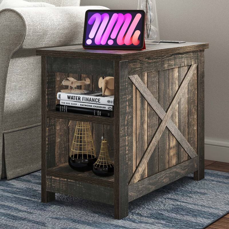 Moasis Farmhouse End Side Table with Charging Station & Storage Shelves 2 Power outlets & 2 USB Ports - Oak