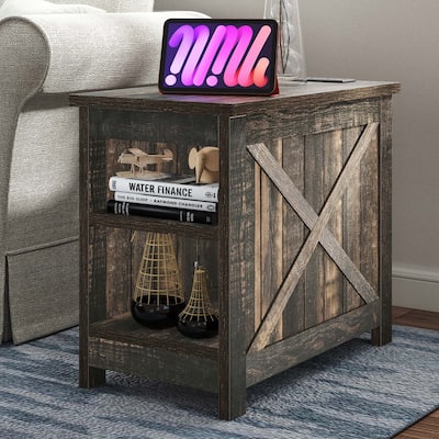 Moasis Farmhouse End Side Table with Charging Station & Storage Shelves 2 Power outlets & 2 USB Ports