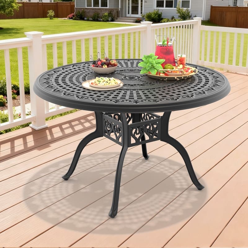 47.24 inch Black Round Cast Aluminum Patio Table with Umbrella Hole