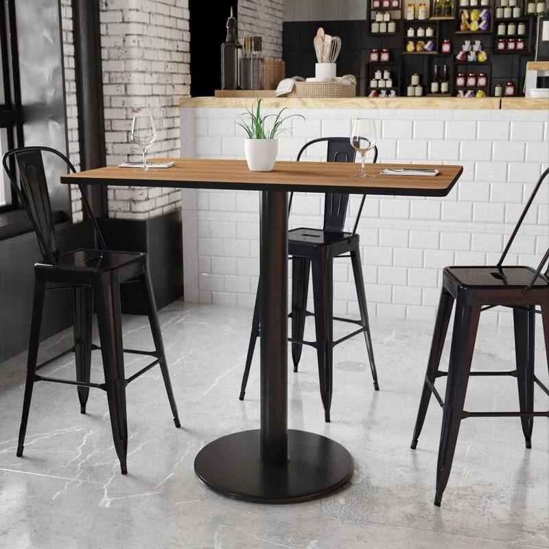 30'' x 48'' Rectangular Laminate Table Top with 24'' Round Bar Height Table Base - 30"W x 48"D x 43.125"H - Walnut