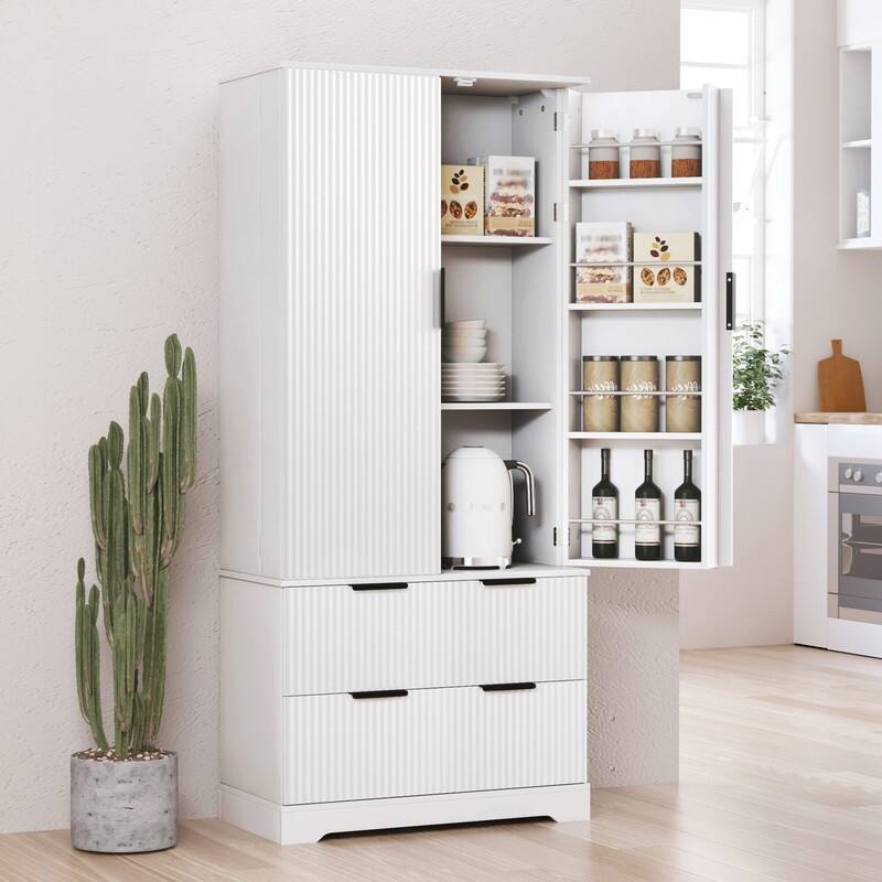 72" Fluted Kitchen Pantry Cabinet, Freestanding Cupboard Storage Cabinet with 2 Drawers for Smart Organization