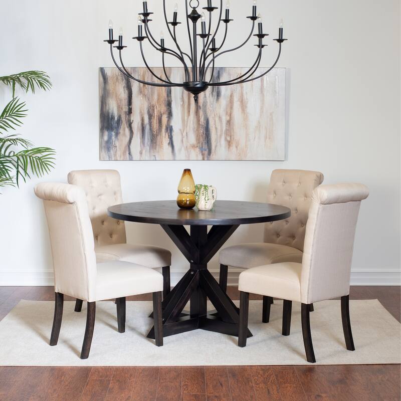 Modern 5-Piece Dining Set with Round Cross Base Table & 4 Tufted Chairs