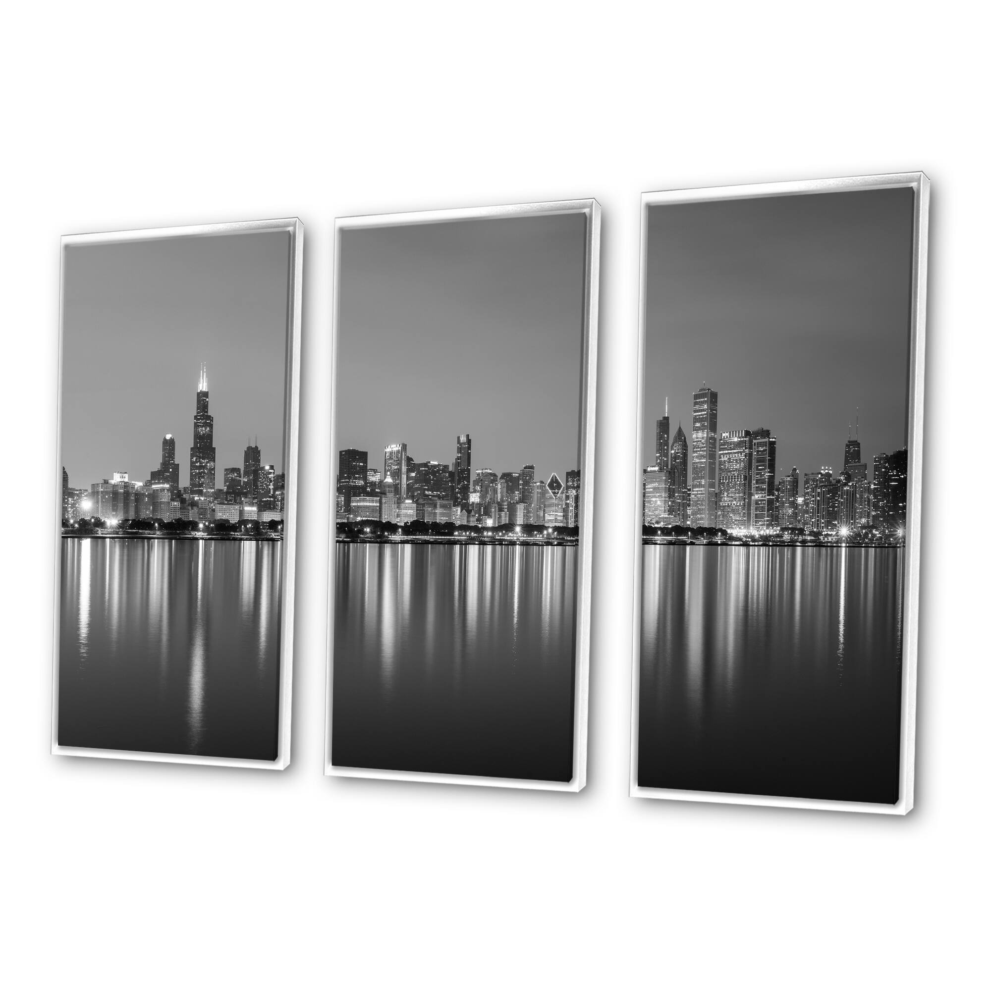 Designart "Chicago Skyline at Night Black and White" Cityscape Framed