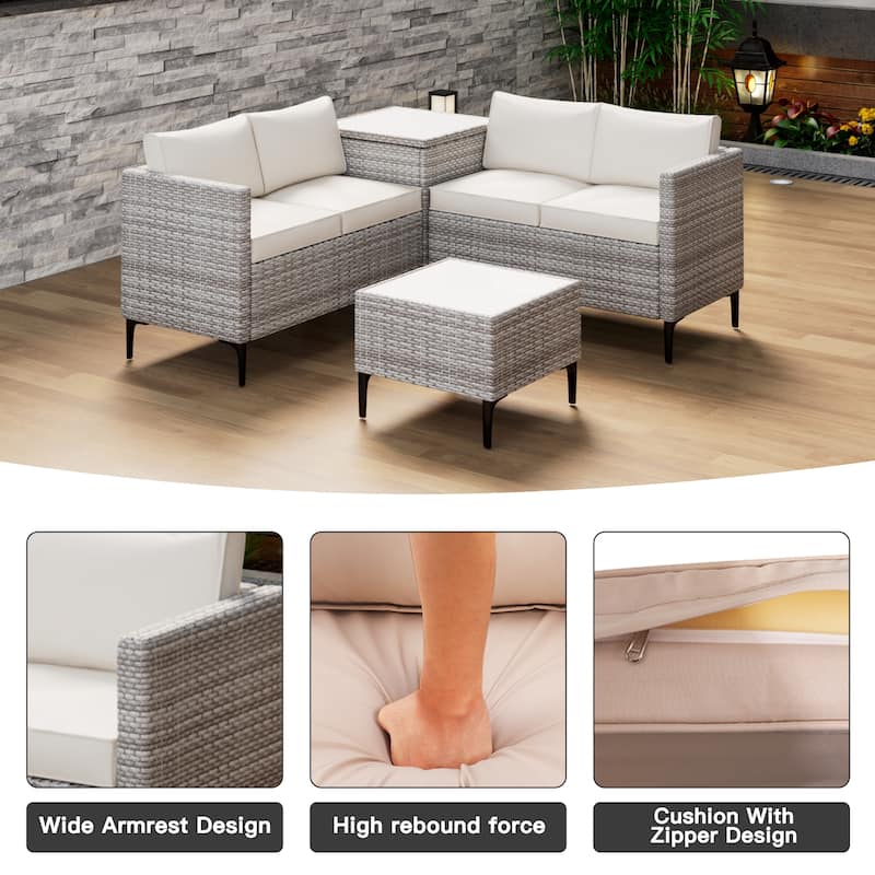 4-Piece Rattan Patio Set – Modular Sectional with Storage Box & Glass Table, Weather-Resistant for Outdoor Lounge,