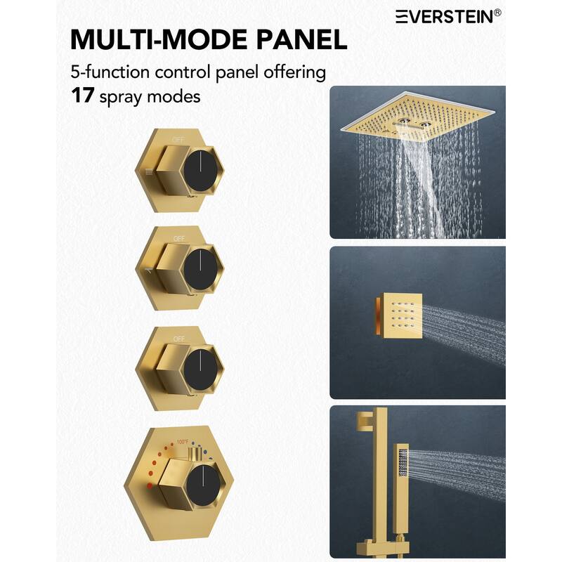 Shower Faucet System 16" Ceiling Mount Shower Head 3 Spray Modes Body Jets Handheld Spray with Slide Bar LED Music