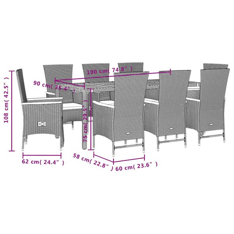 vidaXL Patio Dining Set with Cushions Outdoor Furniture Black Poly Rattan - 35.4 x 74.8 x 29.5