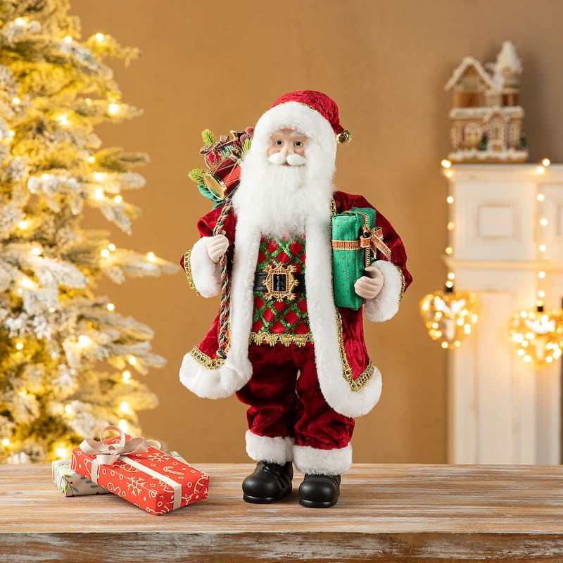 Glitzhome 18"H Faux Fur Christmas Santa Figurines with Porcelain Face - 18"H Traditional Santa