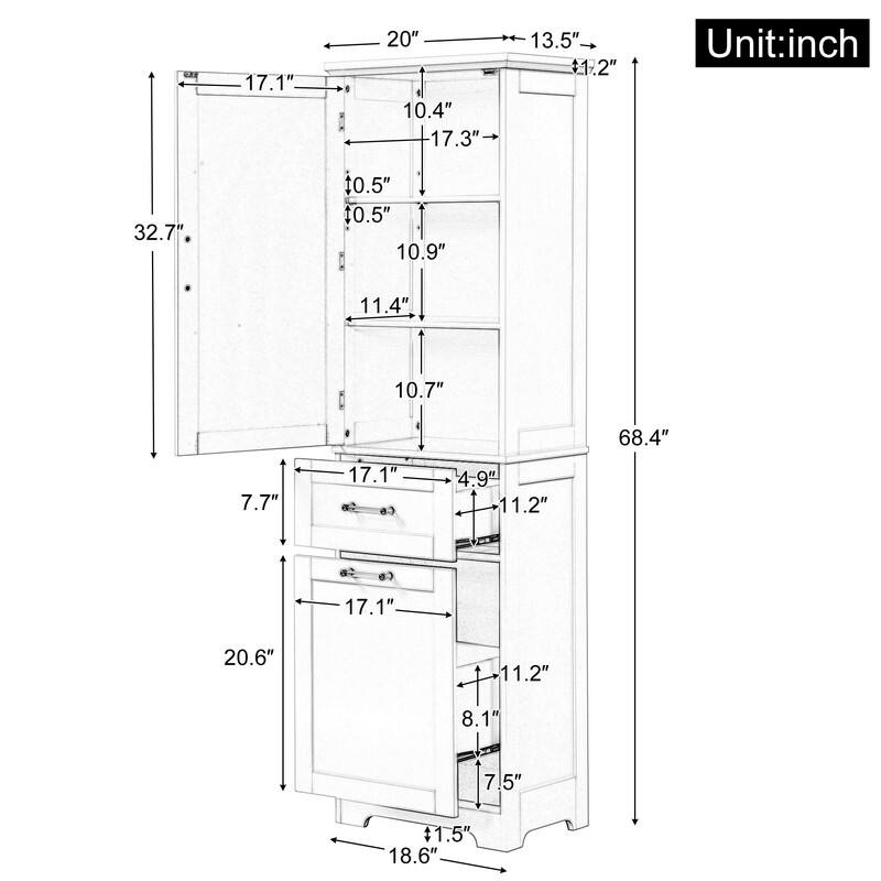 Tall Freestanding Bathroom Storage Cabinet with Two Different Size Drawers and Adjustable Shelf