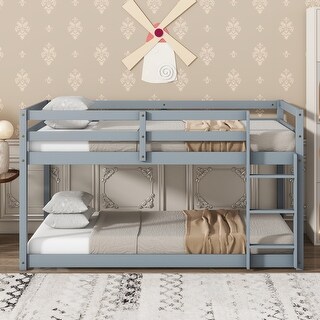 Solid Rubber Wood Twin over Twin Loft Bed with Ladder, Grey