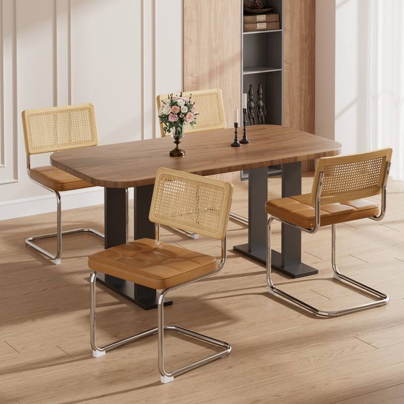 Natural Rattan Dining Chairs Set of 2/4 with Upholstered Faux Leather