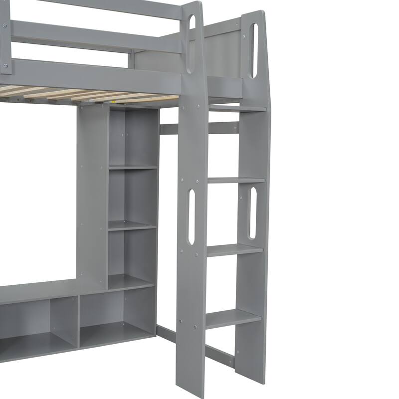 Full/Twin Size Wood Gaming Loft Bed with Desk, LED Lights, Hanging Clothes Rack & Storage Shelves