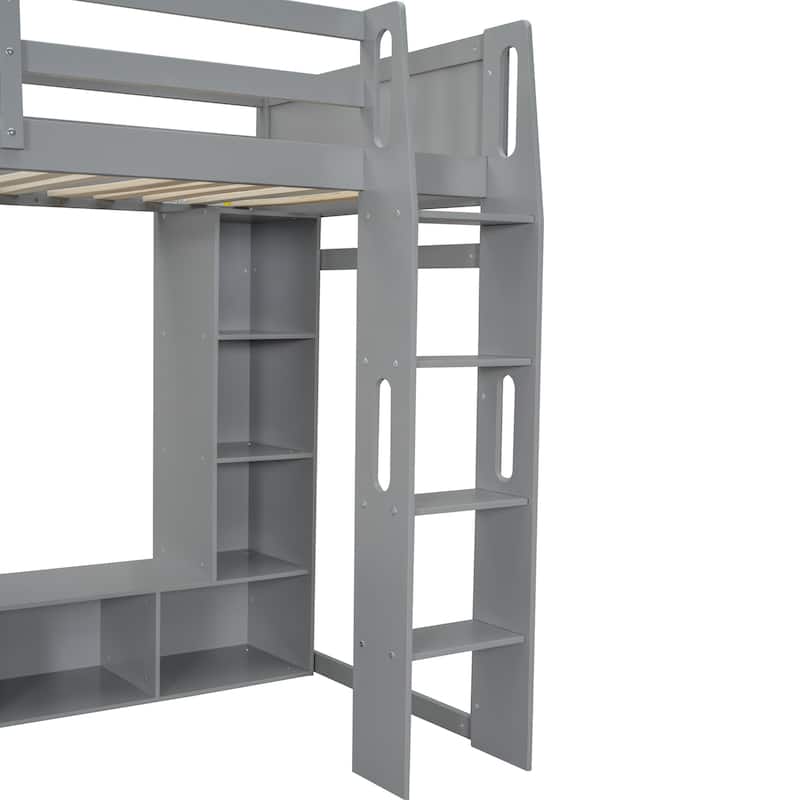 Twin/Full Size Gaming Sleep Station with Built-In Desk, LED Display Zone, Multi-Storage & Hanging Wardrobe Rack