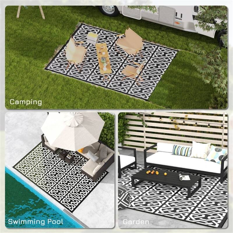Black & White Chain Pattern Outdoor Rug Waterproof, Foldable Reversible, Portable Picnic Camping, Beach Mat with Carry Bag