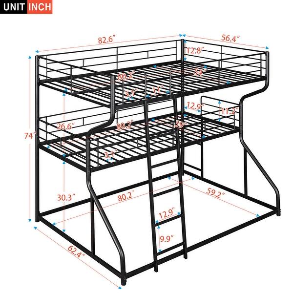 dimension image slide 0 of 2, Full XL over Twin XL over Queen Size Triple Bunk Kids Bed, Industrial Metal Frame with Guardrails, Vault-Inspired Accents, White