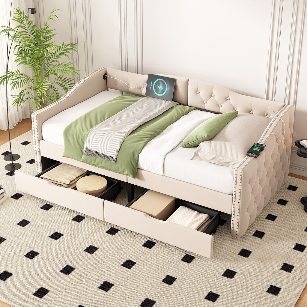 Upholstered Daybed with Storage Drawers, Twin Size Wood Daybed - No Box Spring Needed