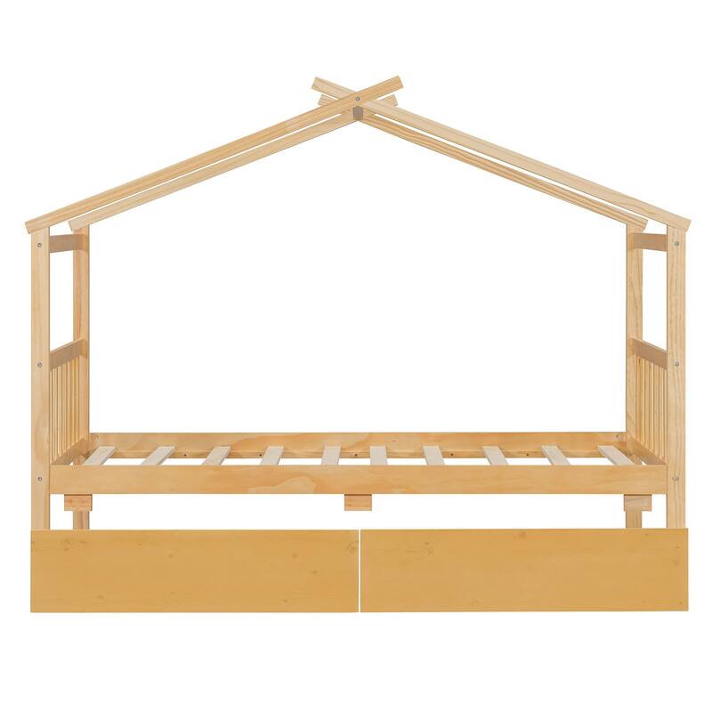 Twin Size Wooden House Bed with Drawers, 79.5"L x 41.5"W x 63.1"H, Natural