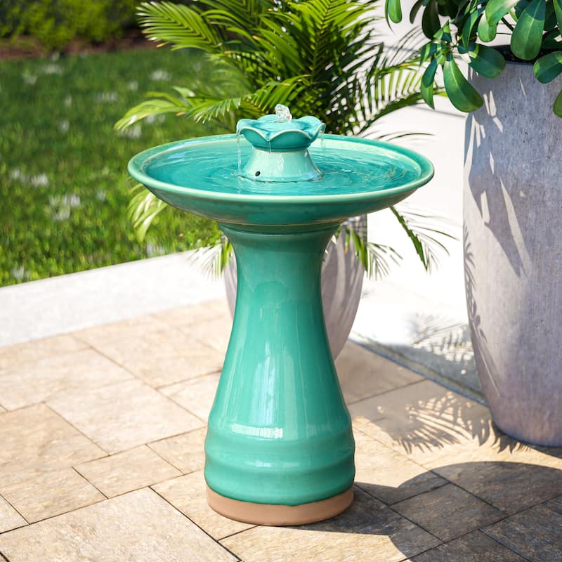 Aqua Glazed Ceramic 22-In Tall Birdbath Fountain