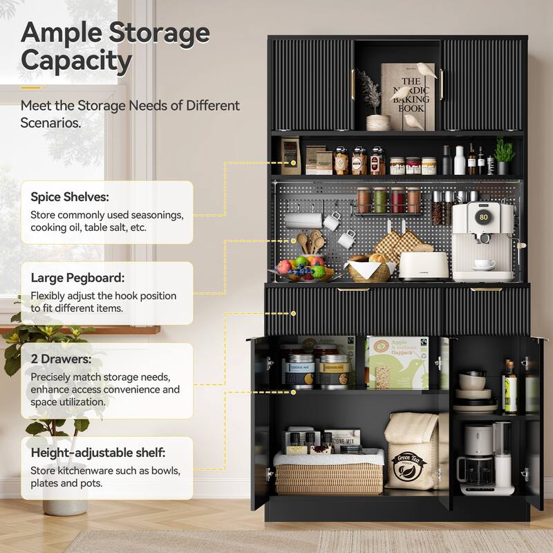 Pocassy 71" Fluted Hutch Storage Cabinet with Storage Pegboard