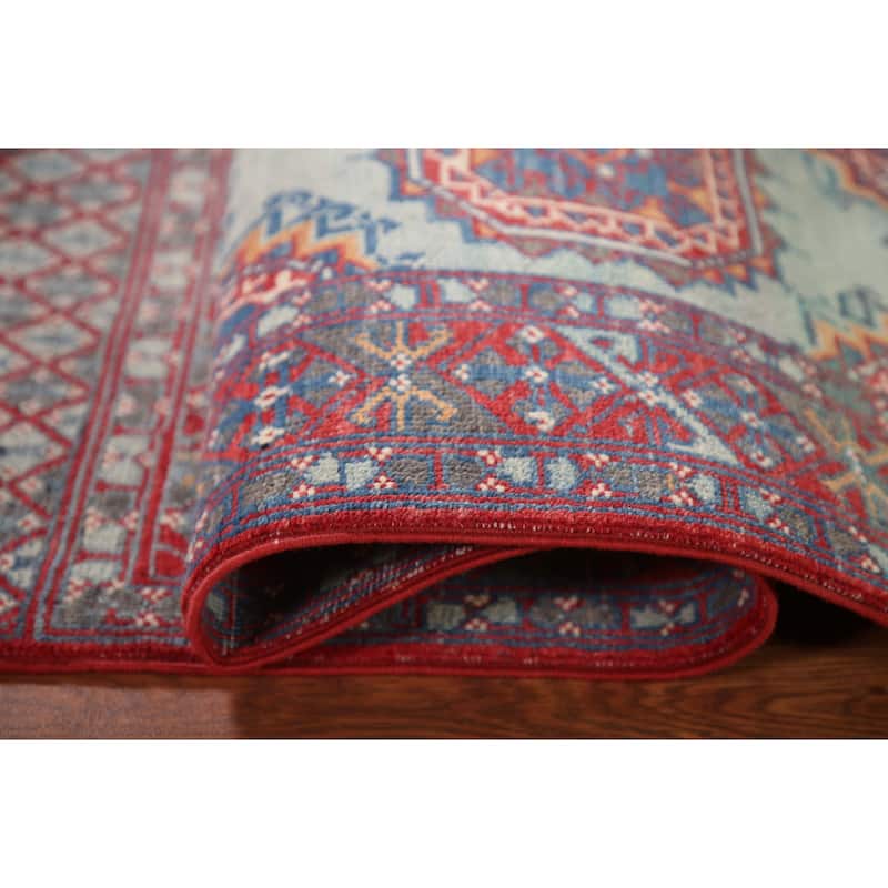 Geometric Kazak Accent Rug Hand-Knotted Blue Wool Carpet - 3'1"x 4'9"
