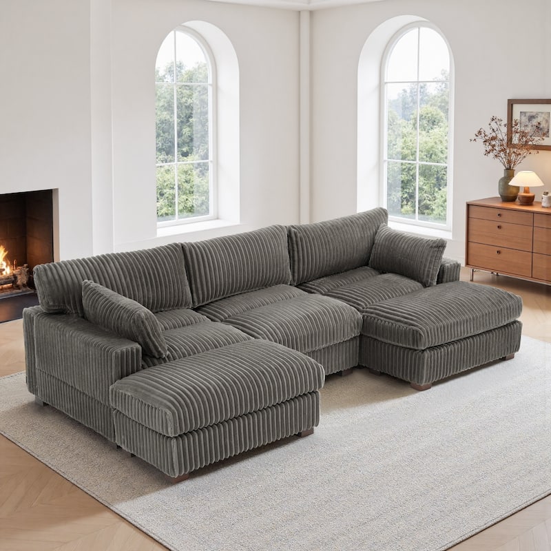 Modern Oversized Plush Corduroy Modular Sectional Sofa with 2 Ottomans