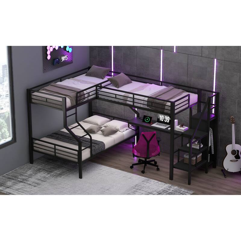 Roomfitters Twin Over Full L-Shaped Metal Bunk Bed with Integrated Desk and Storage Stairs, Heavy Duty Loft Frame, Black