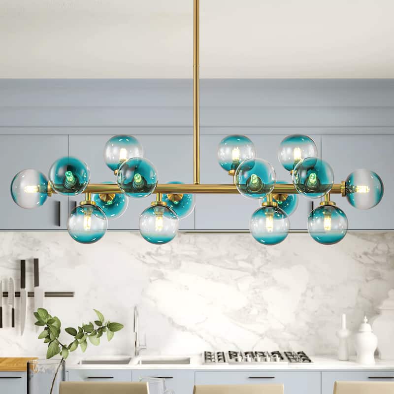 16-Light Modern Linear Cluster Gradient Blue Glass Globe Bubble Chandelier - 36.2 in. W x 11 in. H - Brushed Gold