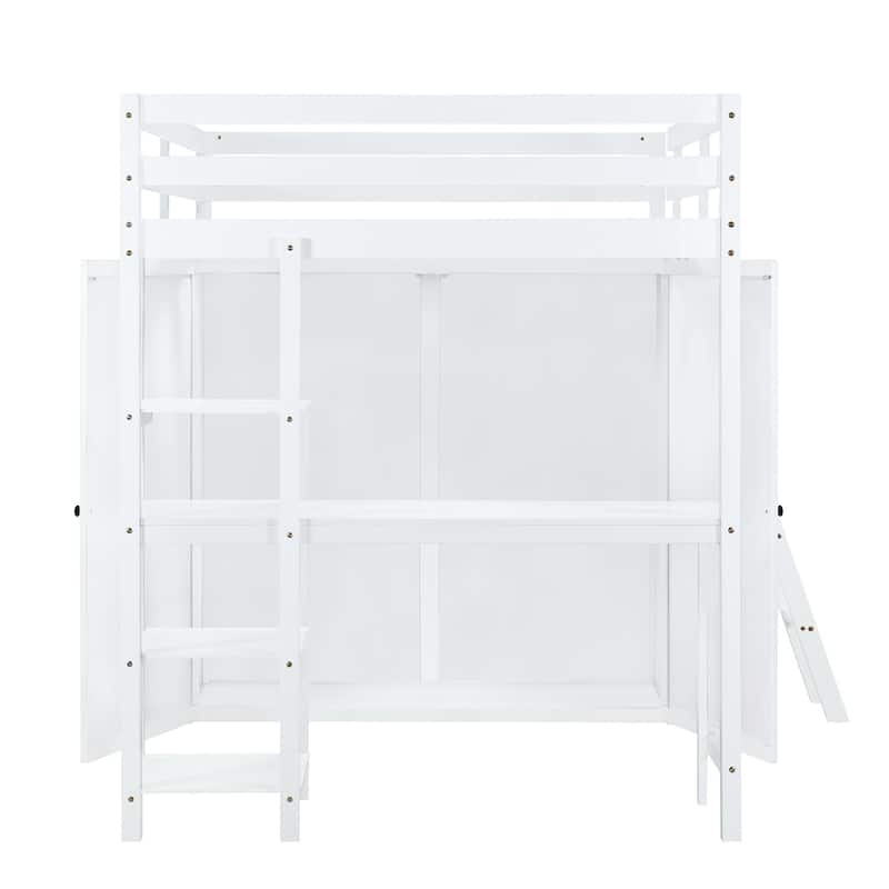 Merax Loft Bed with Wardrobe and Desk and Shelves