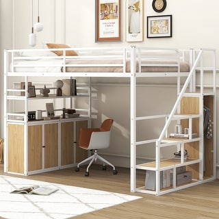 Full Size Metal Loft Bed with Storage Staircase and Open Wardrobe, Multifunctional Bed Frame with Shelves and Lockers