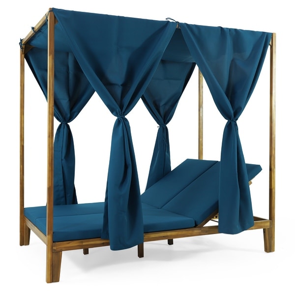 Kinzie Outdoor 2-seat Adjustable Acacia Daybed with Curtains
