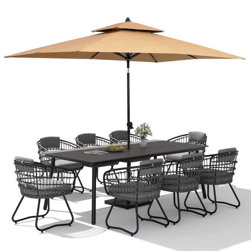 11PC Outdoor Patio Dining Set Wood-Like Aluminum Umbrella Hole Table with Rattan Chairs,Double Top Market Umbrella and Base