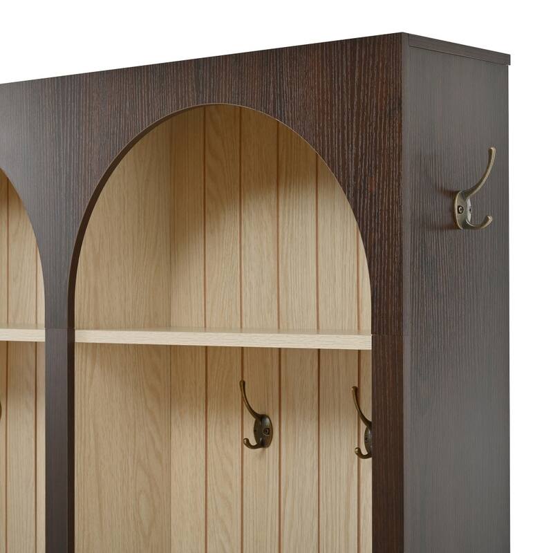 Farmhouse Wooden Hall Tree with Arched Design,8 Retro Hooks and 3 Drawers