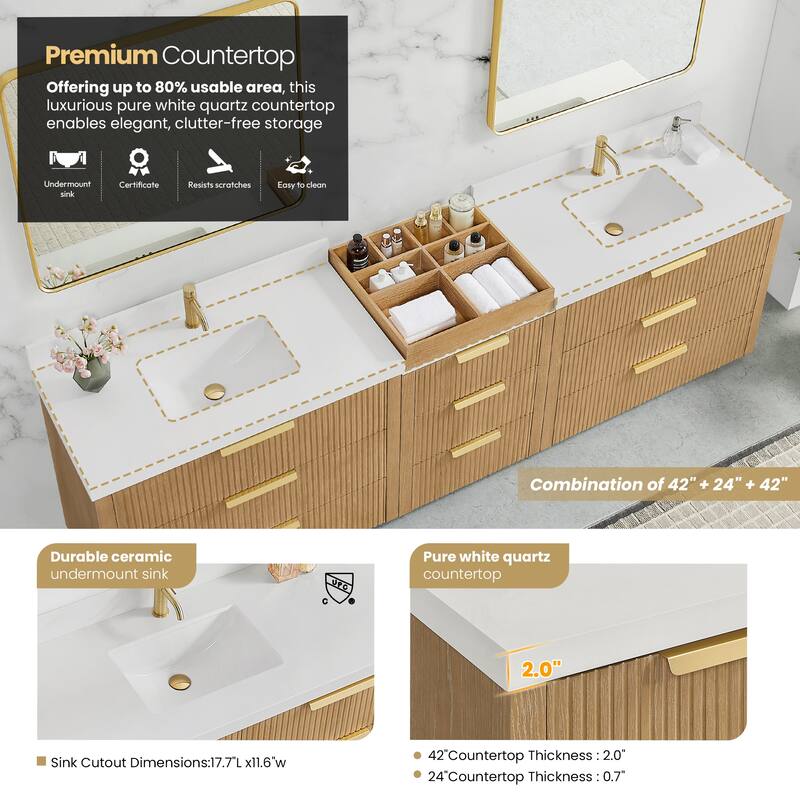 Santarem Double Vanity with Pure White Quartz Stone Top without Mirror