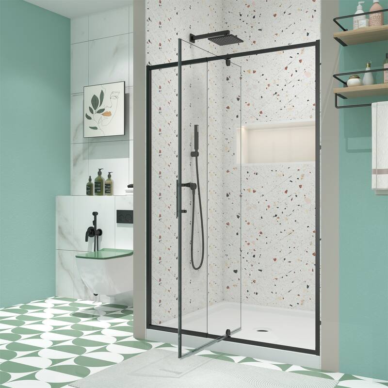 44-48"W x 71"H Piovt Swing Glass Shower Door - Matte Black