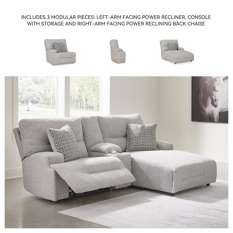 Signature Design by Ashley Acklen Place Light Gray 3-Piece Power Reclining Sectional Sofa with Chaise - 94" W x 70" D x 40" H