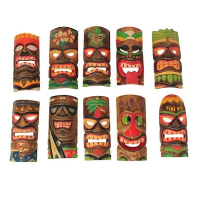 Zeckos Hand Carved Island Style Wooden Tiki Masks 10 Inch (Set Of 10)