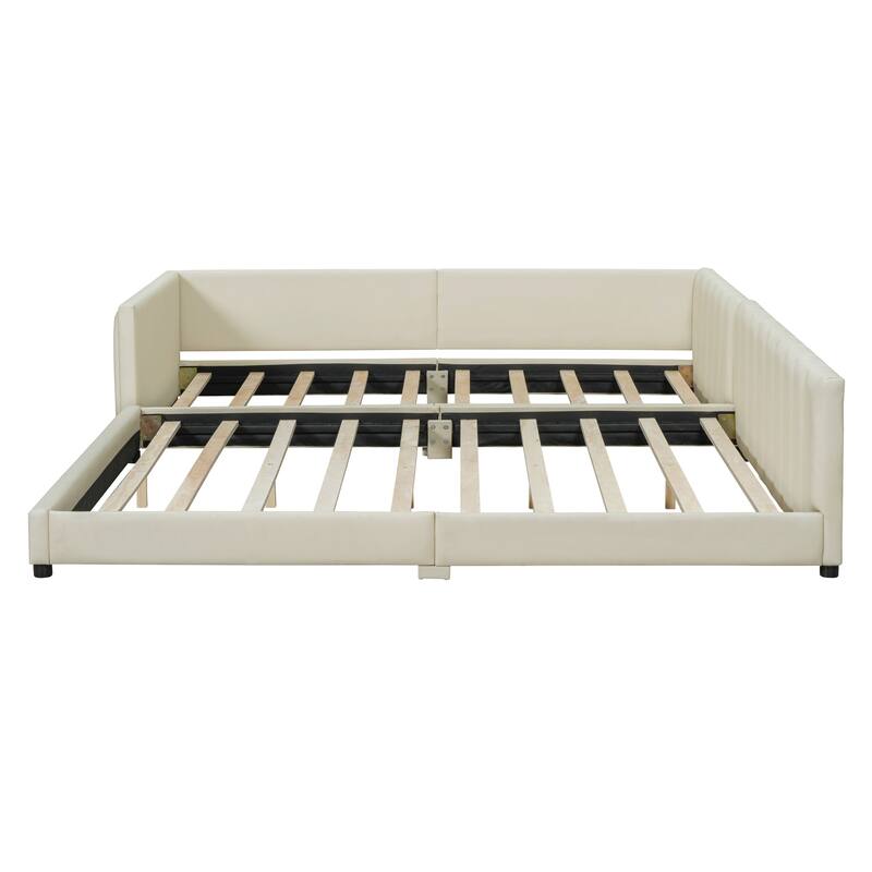 Queen & Twin XL Upholstered Platform Bed, PU Leather, Beige, Mother & Child Design