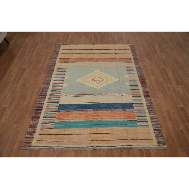 Hand Woven Oriental 100% Wool Carpet Southwestern Tribal Multi-Colored Kilim Area Rug - 8' 4'' X 5' 10''