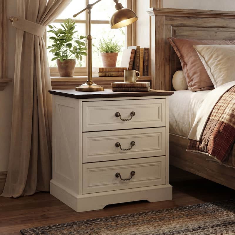 Farmhouse Nightstand with Charging Station, 3 Drawer Bedside Table with 2 AC Outlets & 2 USB Ports, Rustic Wood End Table
