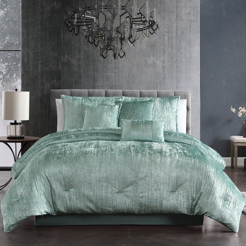 Riverbrook Home Turin Crinkled Velvet Comforter Collection - Spa - Queen - 7 Piece