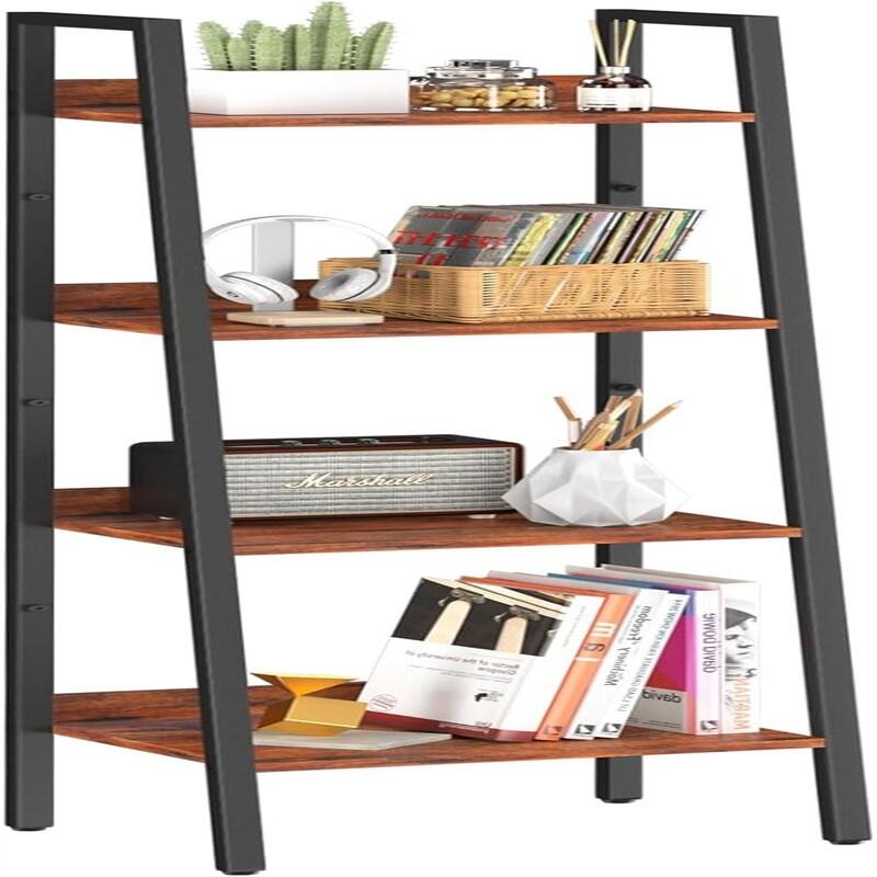 4 Tier Tall Ladder Bookshelf Corner Shelf - 12.4"D x 14.44"W x 54.25"H - Rustic Brown