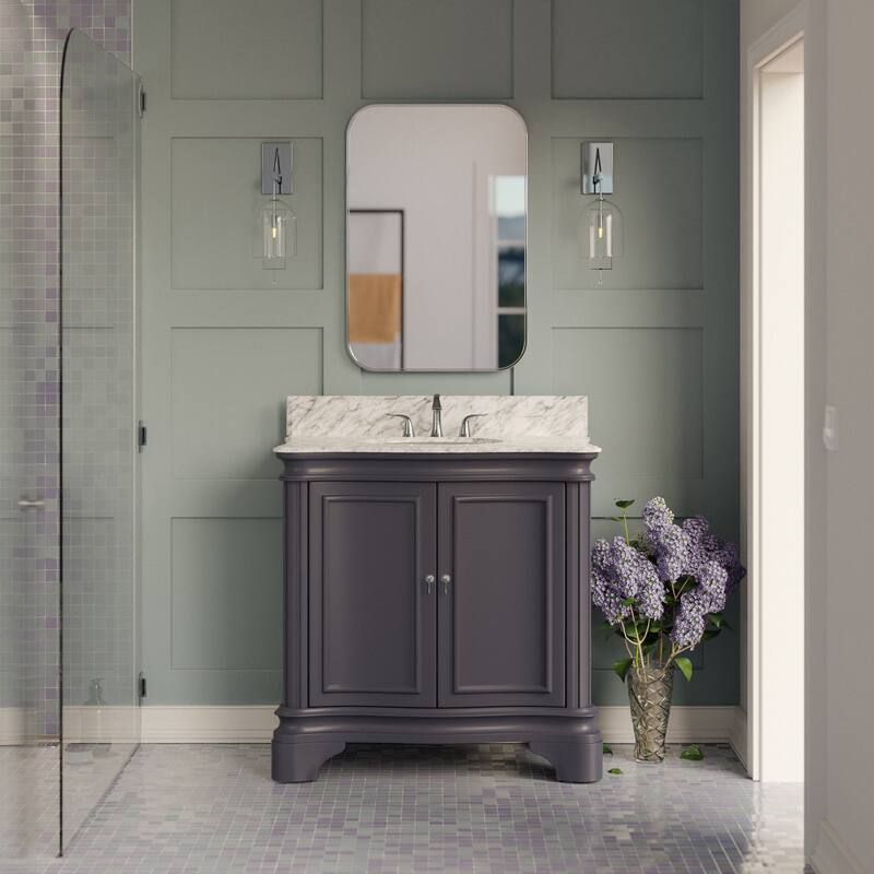 KitchenBathCollection Katherine 36" Bathroom Vanity with Carrara Marble Top - Marine Gray