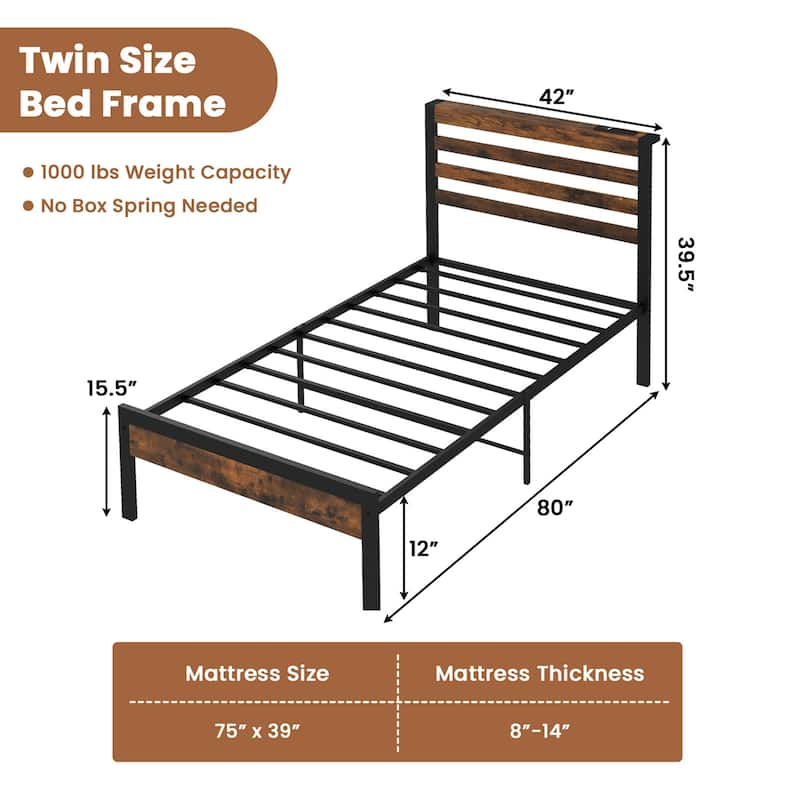 Costway Full Industrial Metal Platform Bed Frame Charging Station