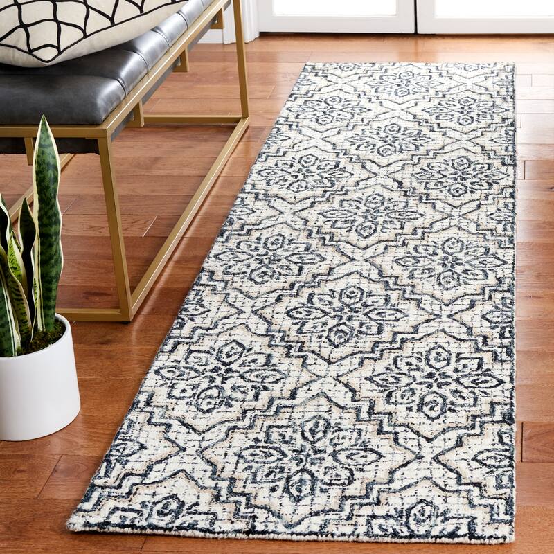 SAFAVIEH Handmade Abstract Ingegerd Modern Wool Rug - 2'3" x 8' Runner - Ivory/Navy