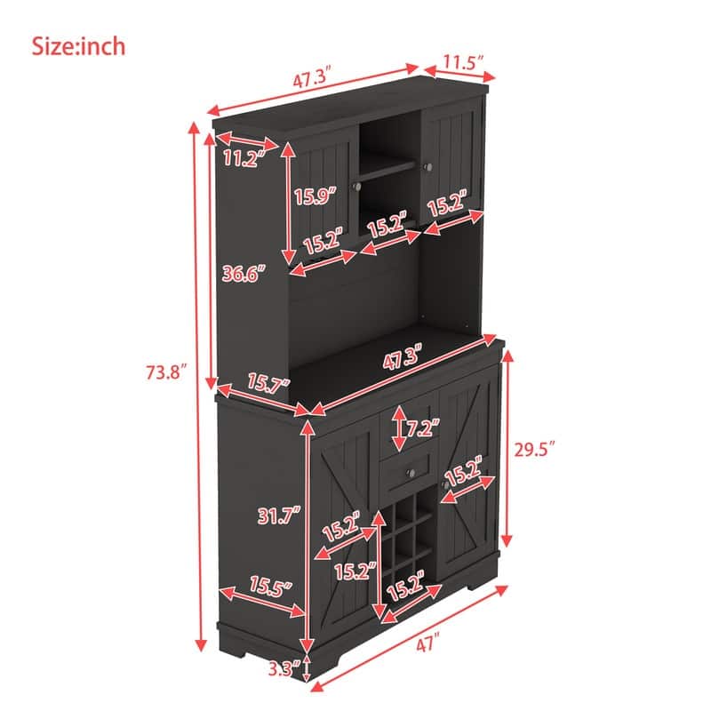 Farmhouse Home Bar Wine Storage Cabinet, Buffet Sideboard Kitchen Pantry with Adjustable Shelves, Drawers & Wine Glass Racks